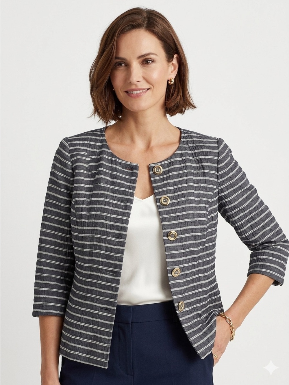 Louben Petites Vintage Striped Crinkle Blazer Jacket Navy Blue Size Petite 1838